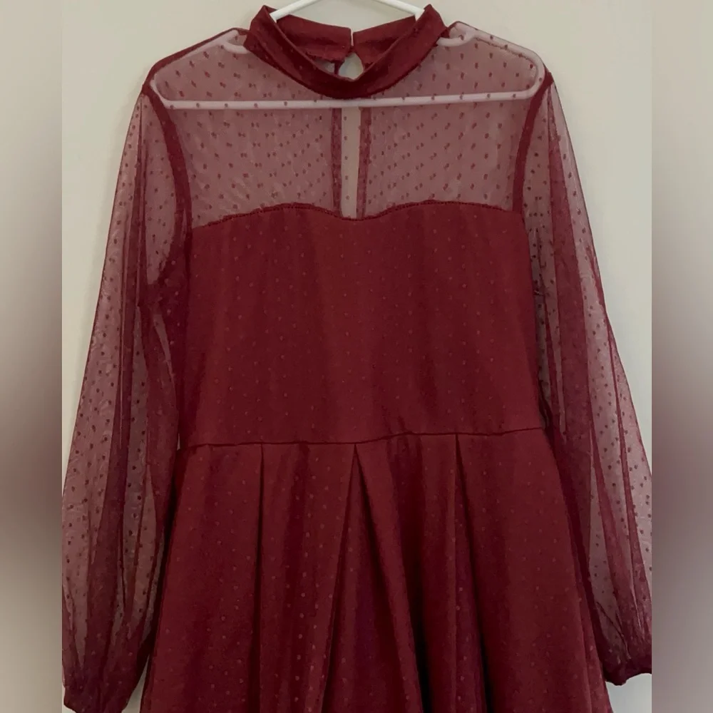 Girls Burgundy Sheer Mesh A-line Dress.